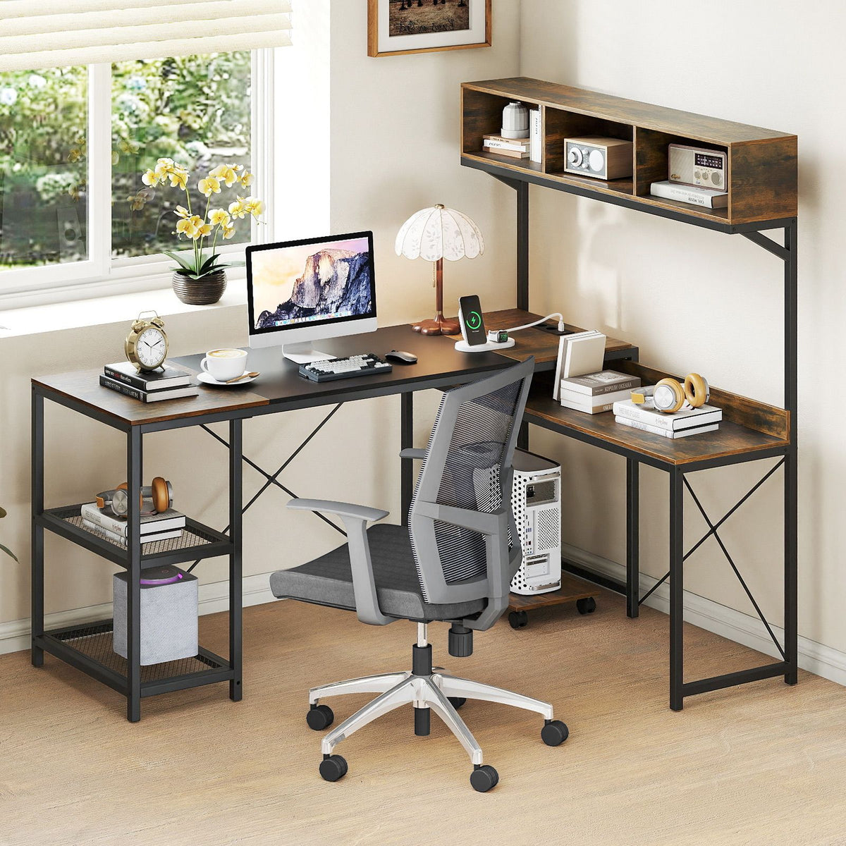 Reversible Corner Computer Desk with Charging Station and Storage Hutch