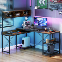 Reversible Corner Computer Desk with Charging Station and Storage Hutch