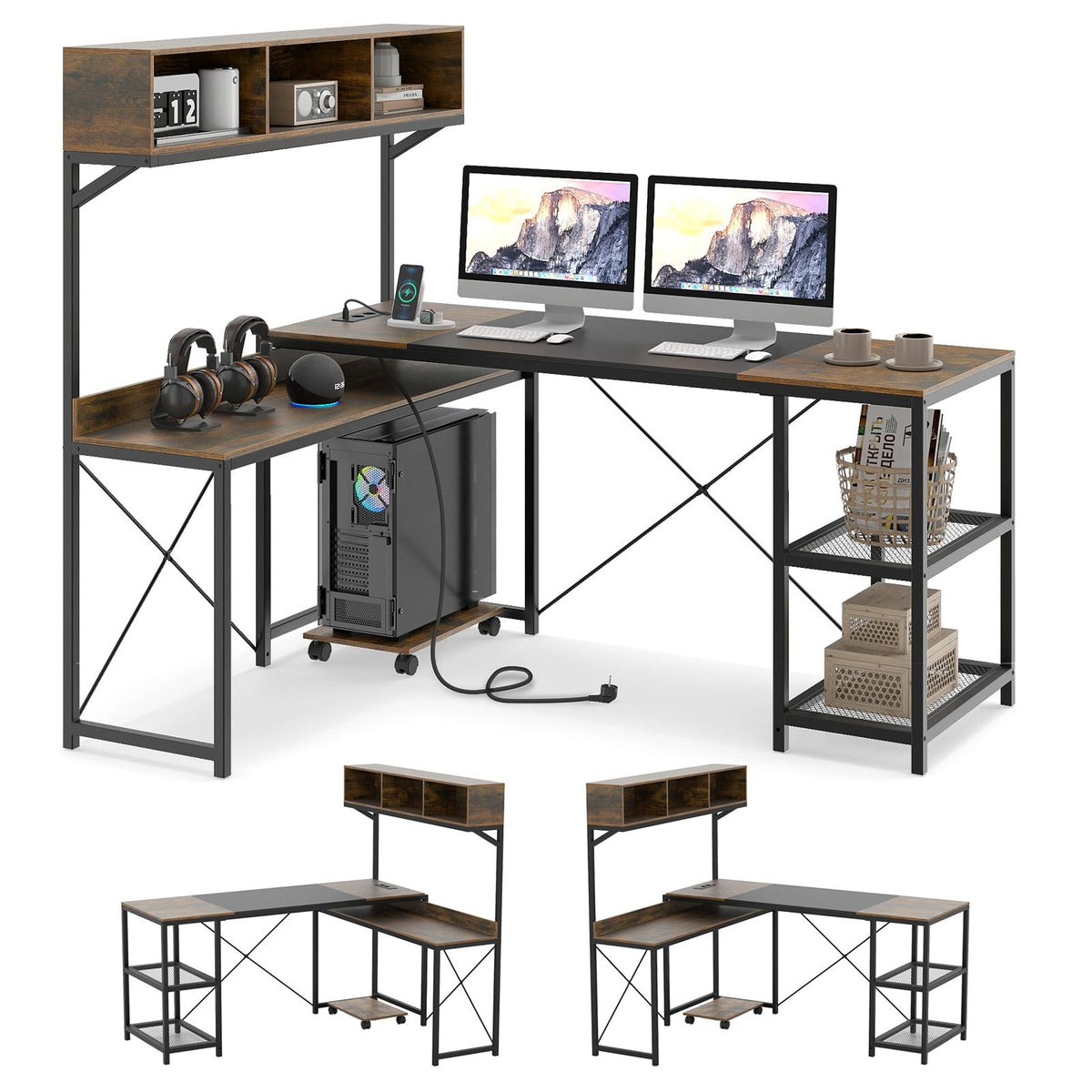 Reversible Corner Computer Desk with Charging Station and Storage Hutch
