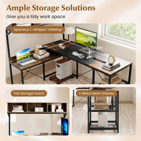 Reversible Corner Computer Desk with Charging Station and Storage Hutch