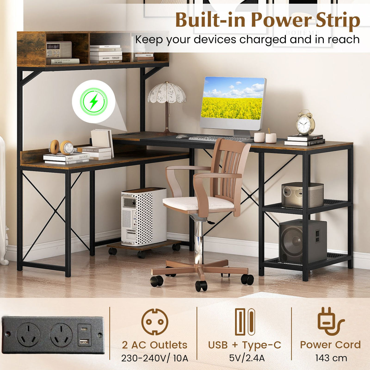 Reversible Corner Computer Desk with Charging Station and Storage Hutch