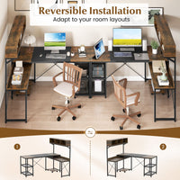 Reversible Corner Computer Desk with Charging Station and Storage Hutch