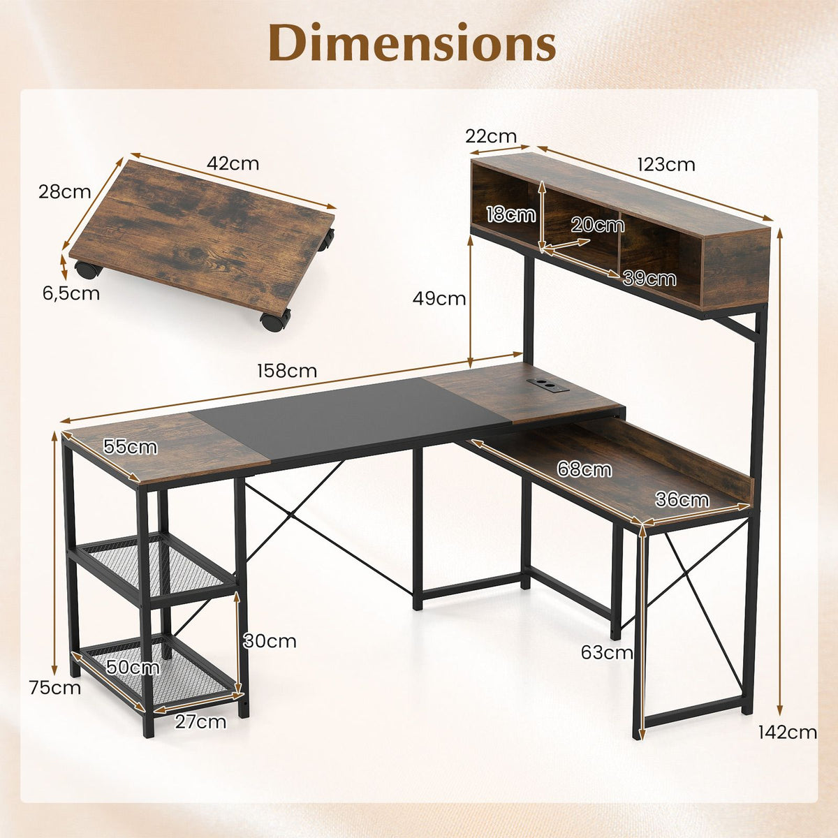 Reversible Corner Computer Desk with Charging Station and Storage Hutch