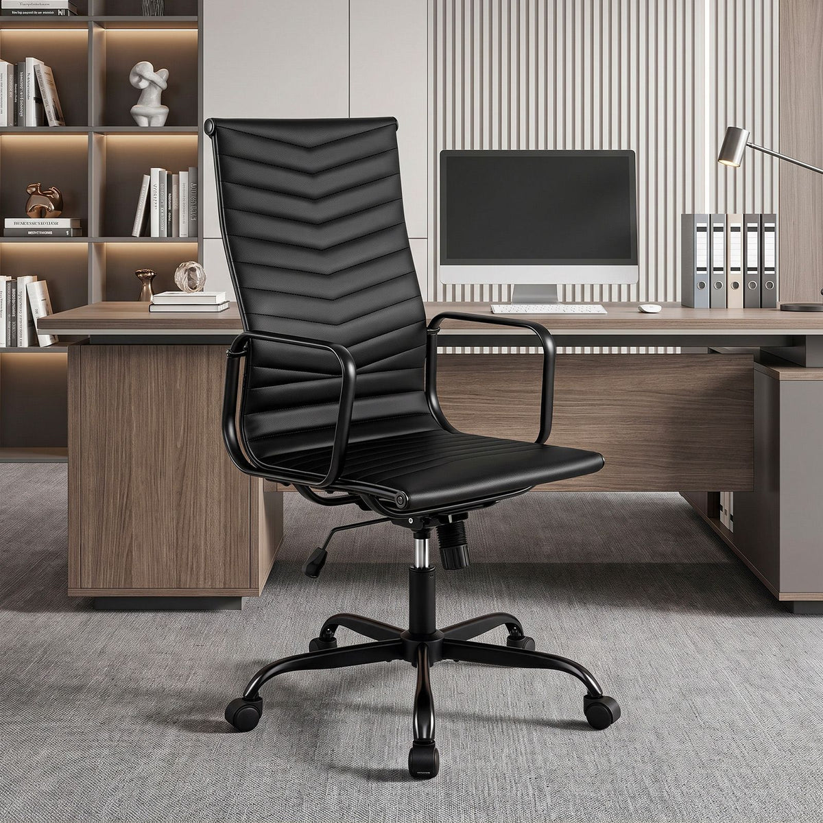 Ribbed Office Chair High Back PU Leather for Home Office