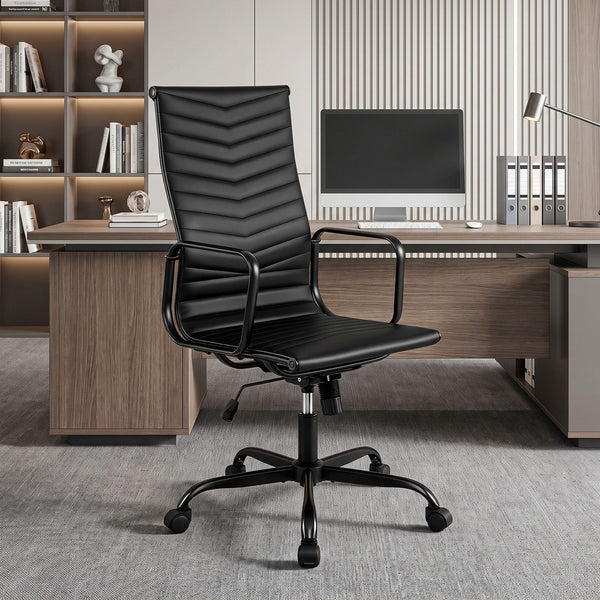 Ribbed Office Chair High Back PU Leather for Home Office