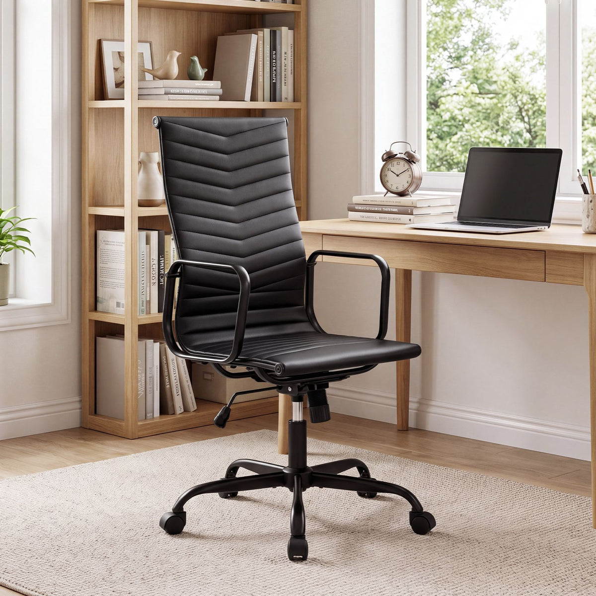 Ribbed Office Chair High Back PU Leather for Home Office