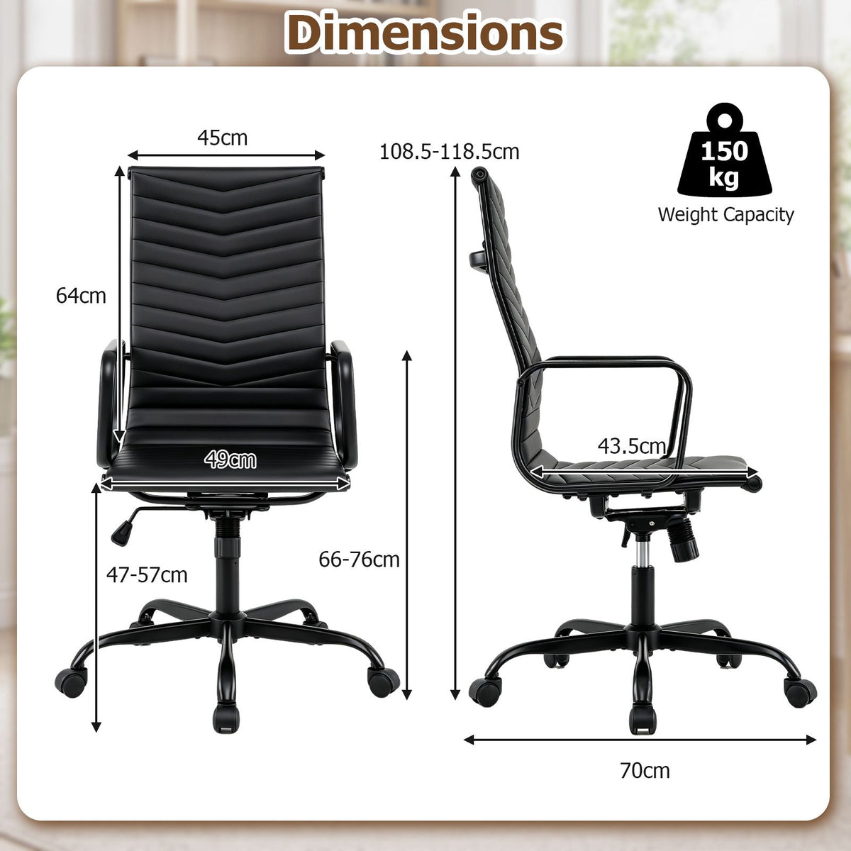 Ribbed Office Chair High Back PU Leather for Home Office