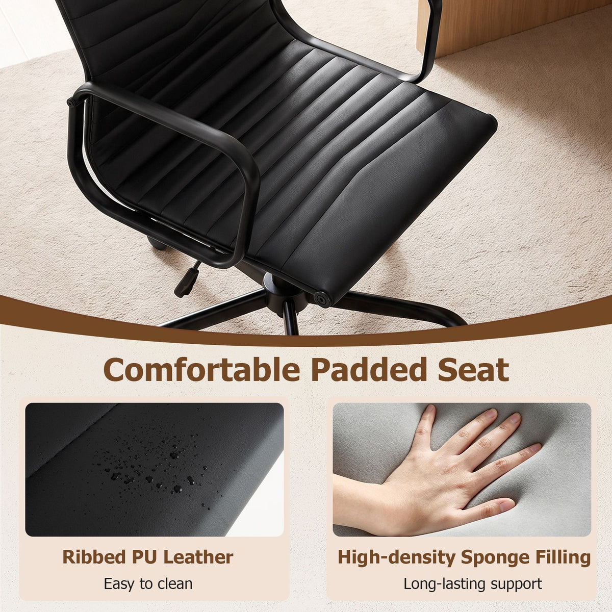 Ribbed Office Chair High Back PU Leather for Home Office