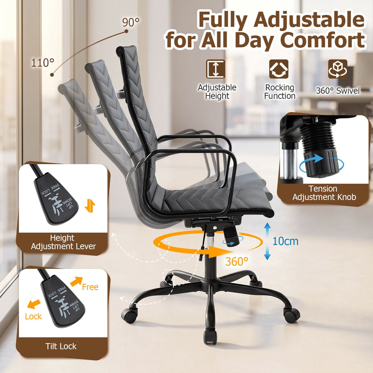 Ribbed Office Chair High Back PU Leather for Home Office
