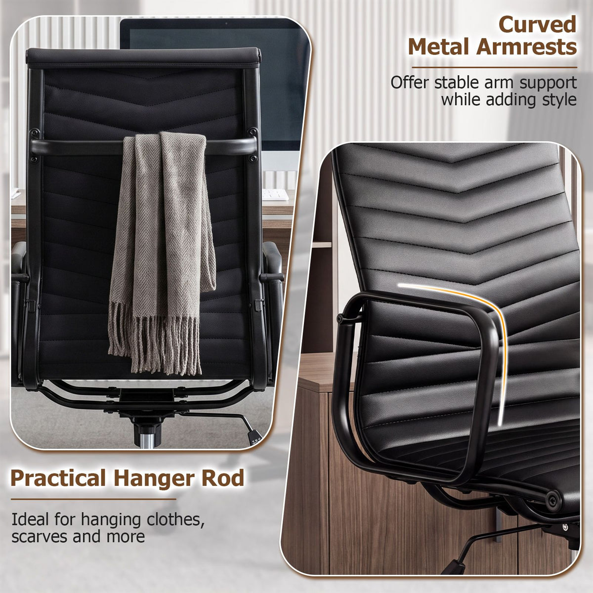 Ribbed Office Chair High Back PU Leather for Home Office
