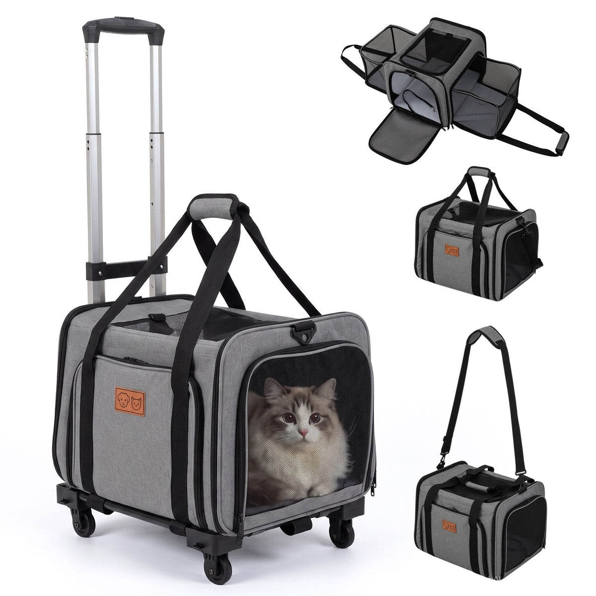 Rolling Cat Carrier with Wheels and Telescopic Handle for Pets