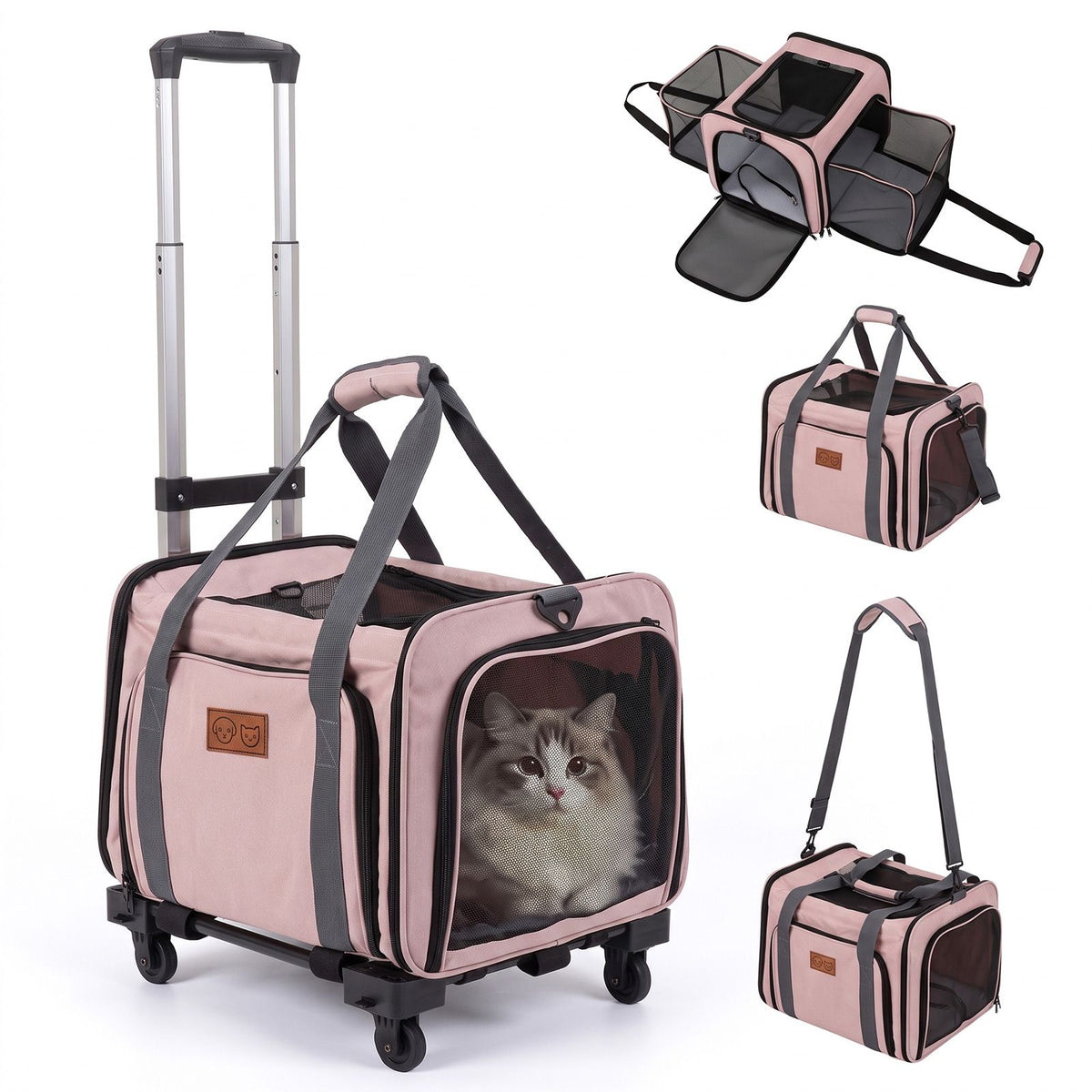 Rolling Cat Carrier with Wheels and Telescopic Handle for Pets