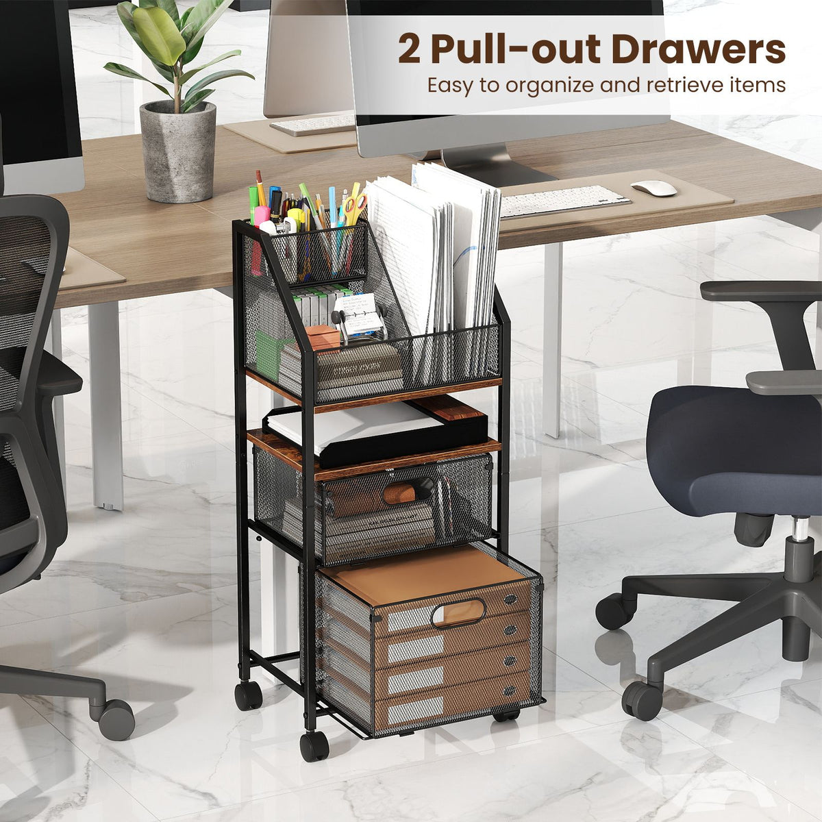Rolling File Utility Cart with 2 Drawers and Lockable Wheels for Home Office