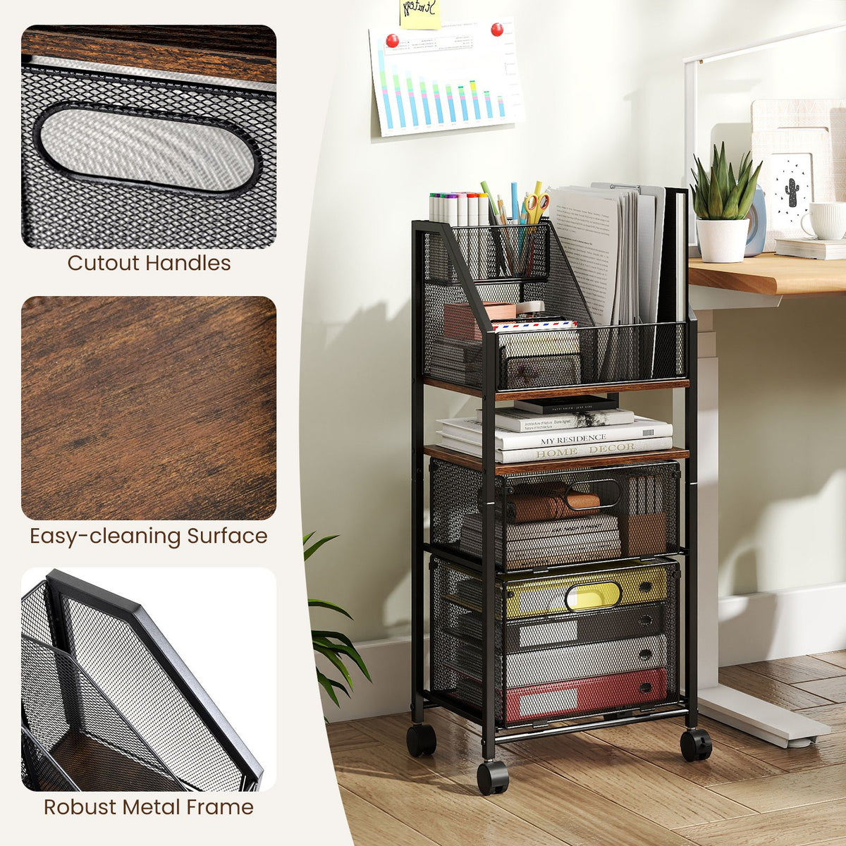 Rolling File Utility Cart with 2 Drawers and Lockable Wheels for Home Office