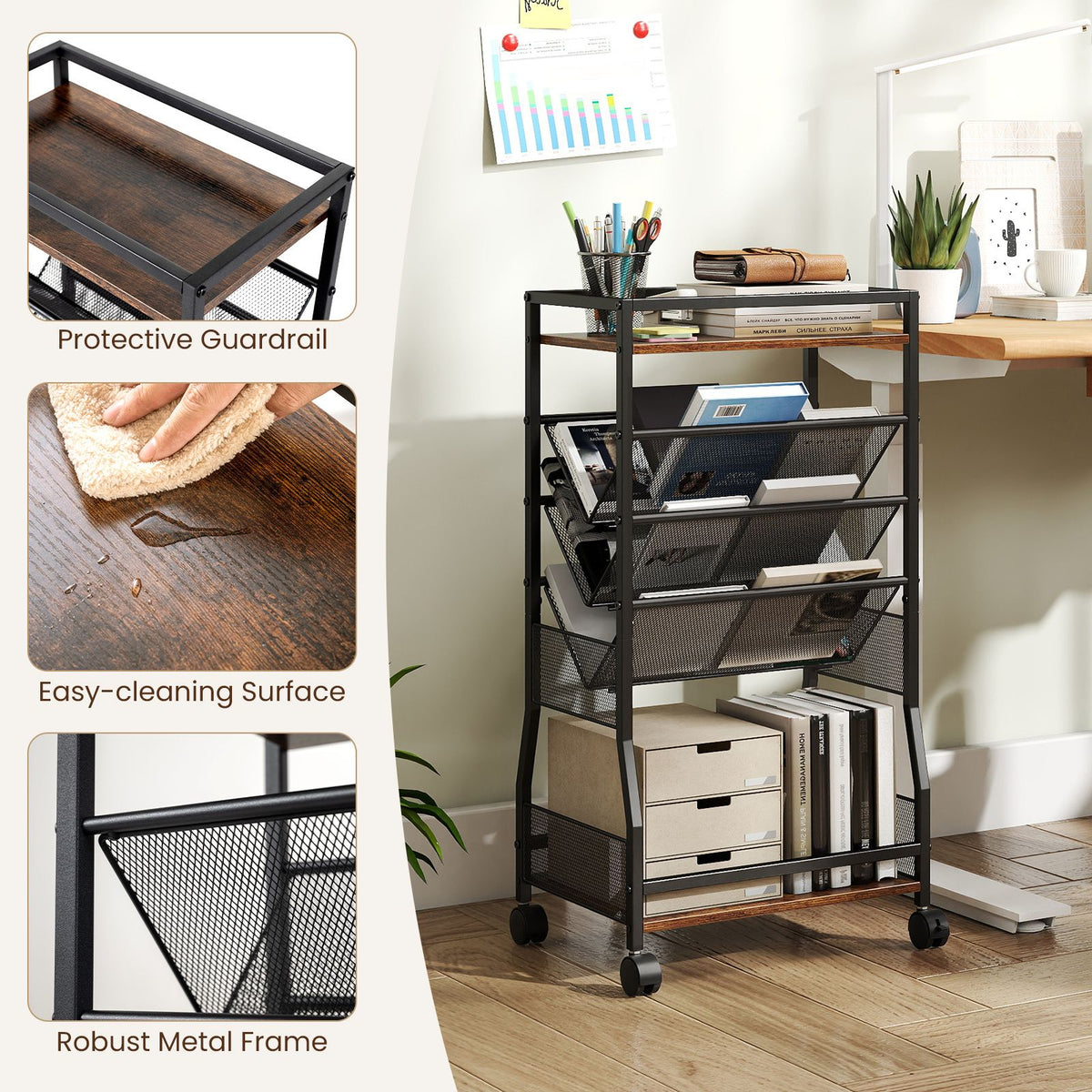 Rolling File Utility Cart with 2 Drawers and Wooden Top for Home Office