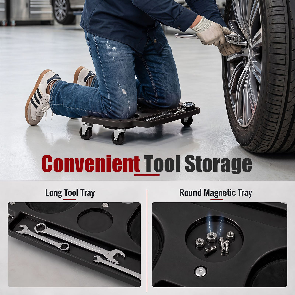 Rolling Knee Creeper with 360° Swivel Casters with Foam Cushions and Built-in Tool Trays