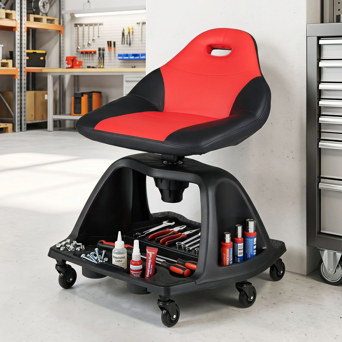 Rolling Shop Stool with Backrest and Tool Tray and 6 Wheels 150kg for Garage