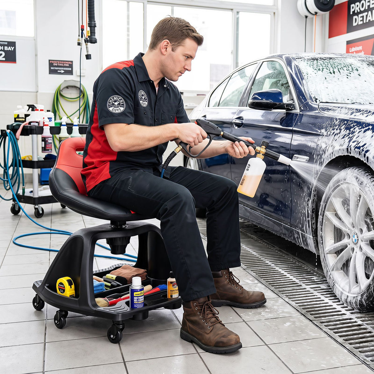 Rolling Shop Stool with Backrest and Tool Tray and 6 Wheels 150kg for Garage