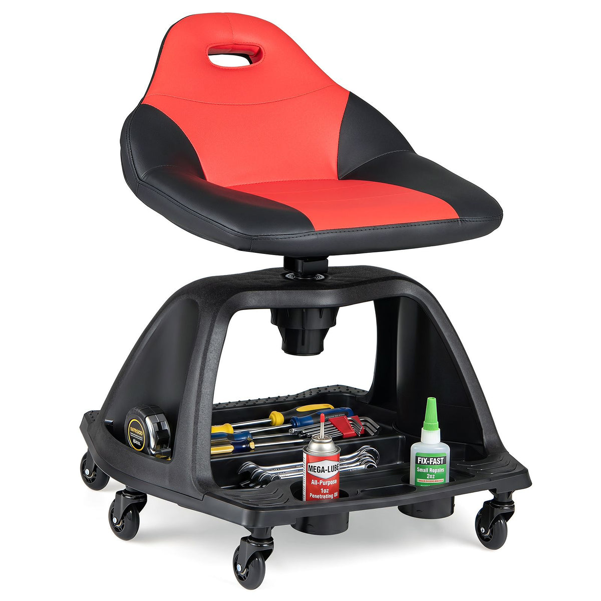 Rolling Shop Stool with Backrest and Tool Tray and 6 Wheels 150kg for Garage