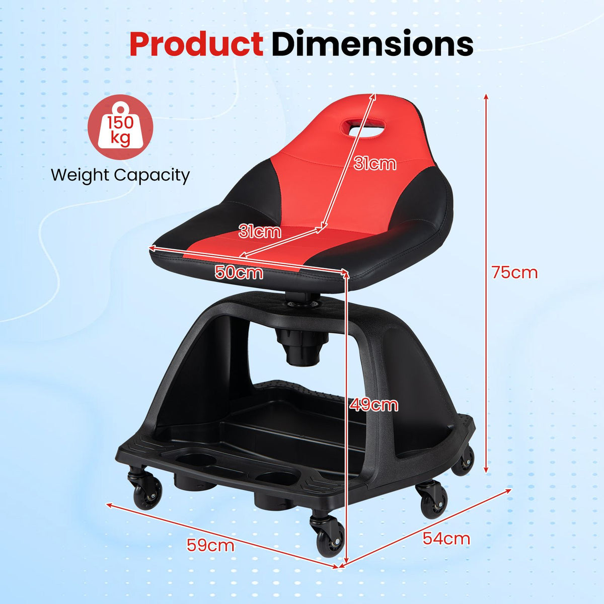 Rolling Shop Stool with Backrest and Tool Tray and 6 Wheels 150kg for Garage