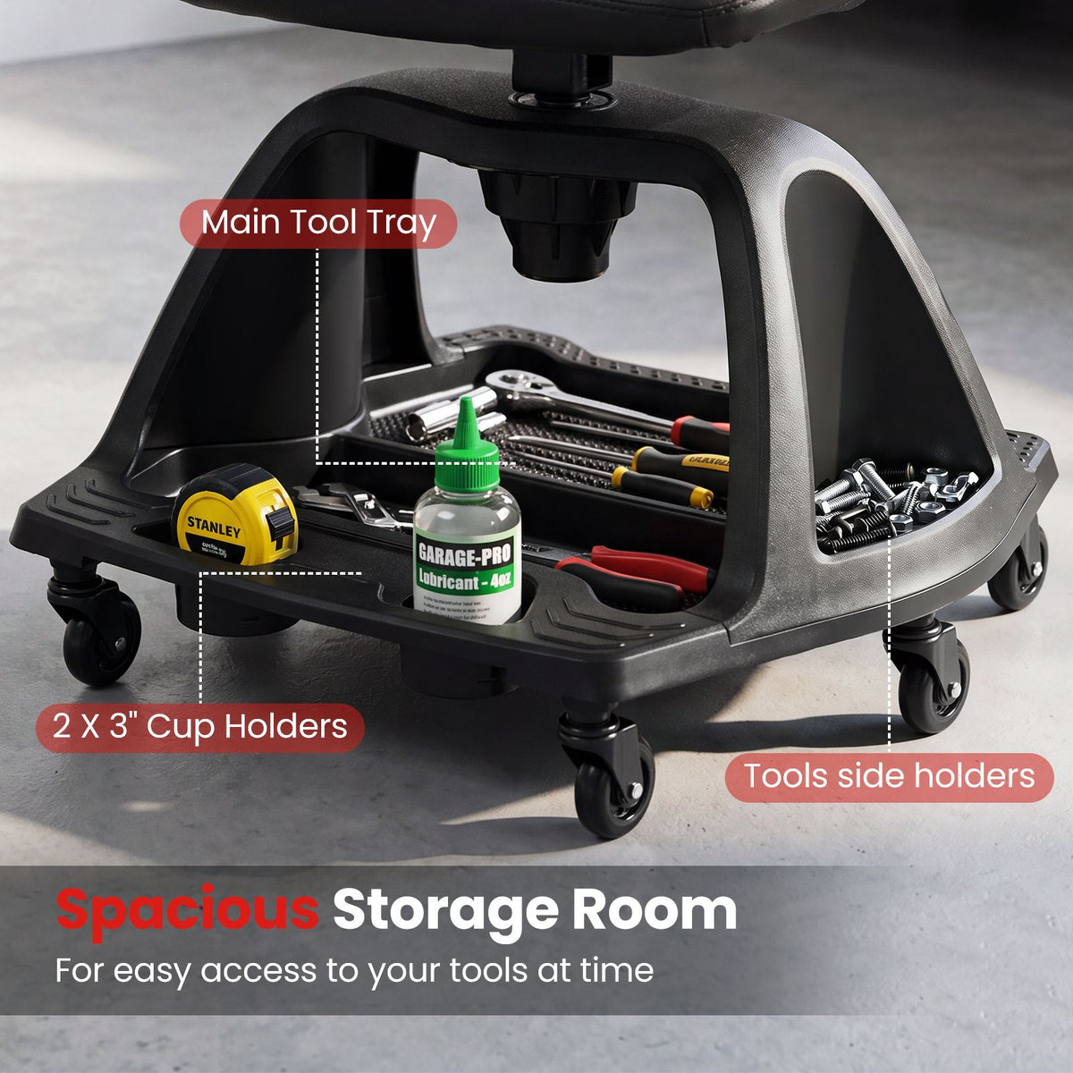 Rolling Shop Stool with Backrest and Tool Tray and 6 Wheels 150kg for Garage