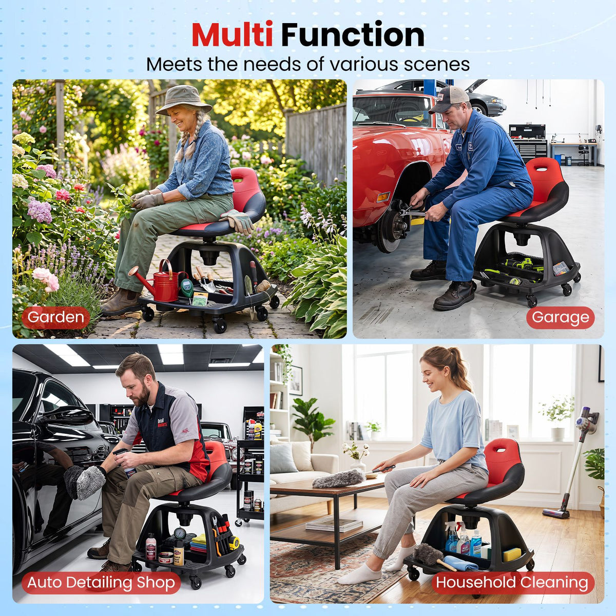 Rolling Shop Stool with Backrest and Tool Tray and 6 Wheels 150kg for Garage