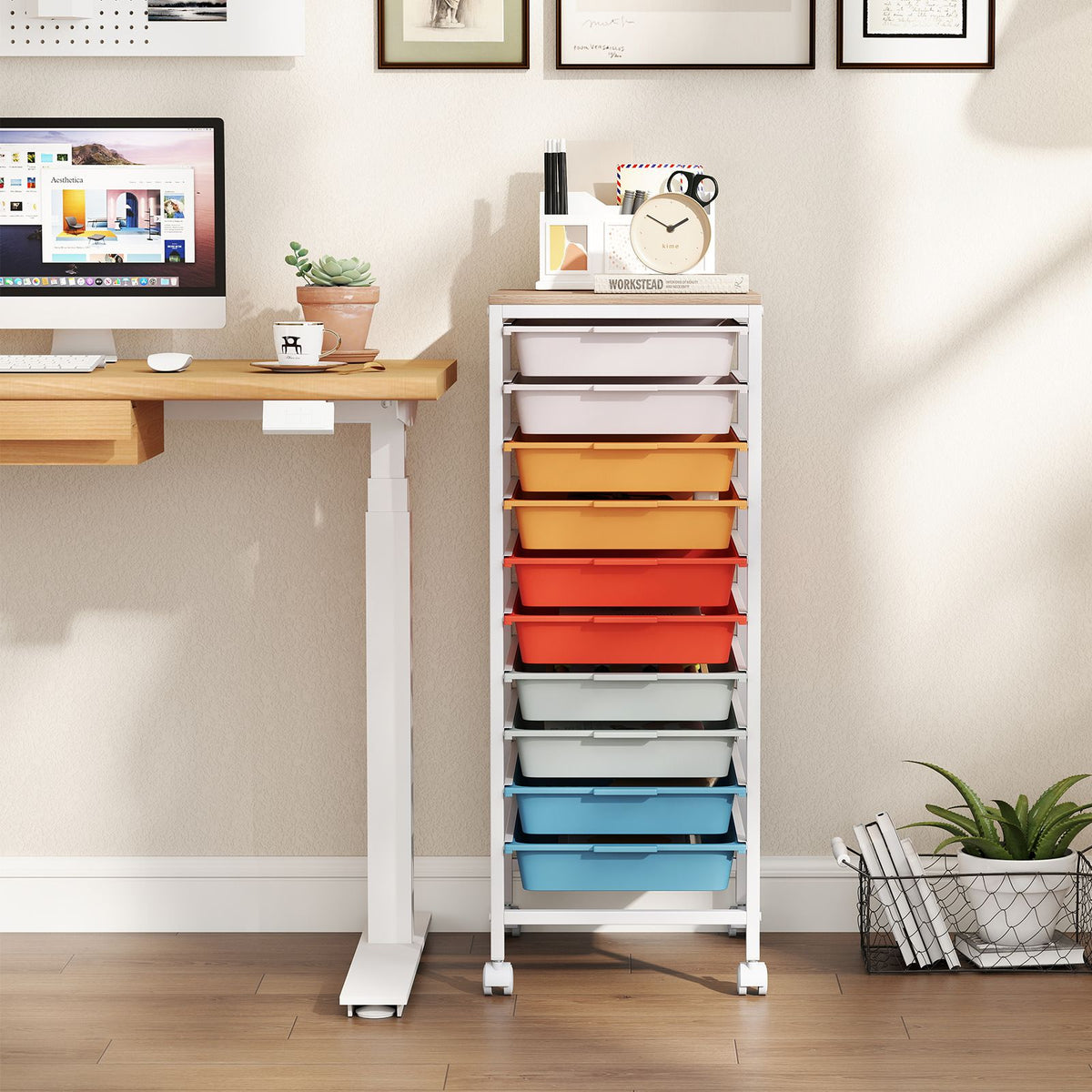 Rolling Storage Cart with 4/5/10 Drawers and Wooden Tabletop for Dorm and Classroom