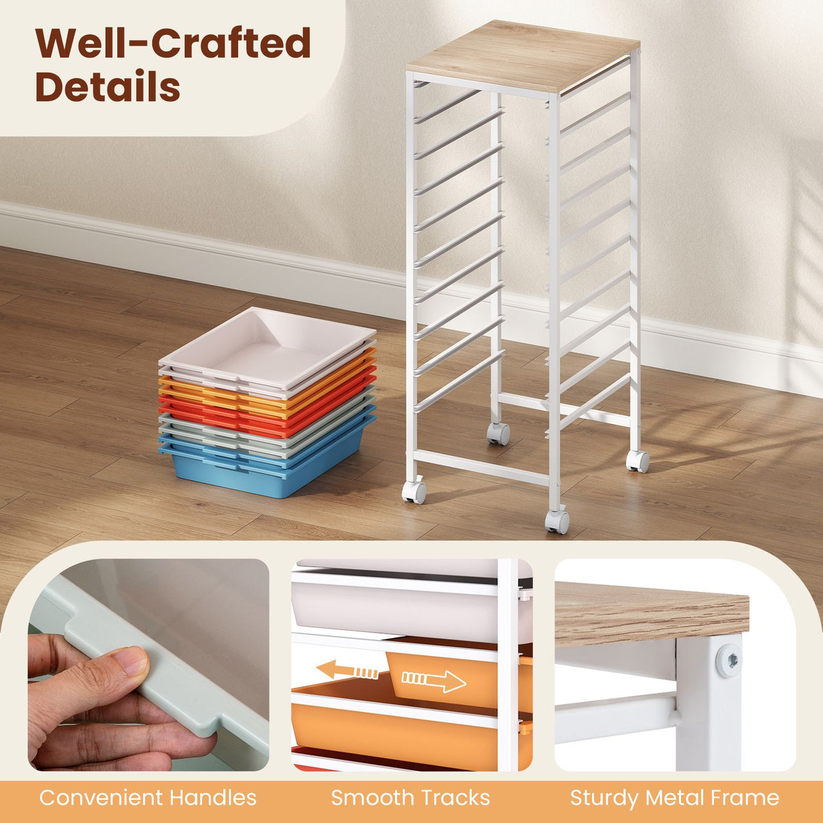 Rolling Storage Cart with 4/5/10 Drawers and Wooden Tabletop for Dorm and Classroom