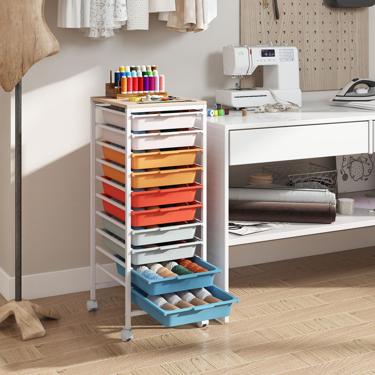 Rolling Storage Cart with 4/5/10 Drawers and Wooden Tabletop for Dorm and Classroom