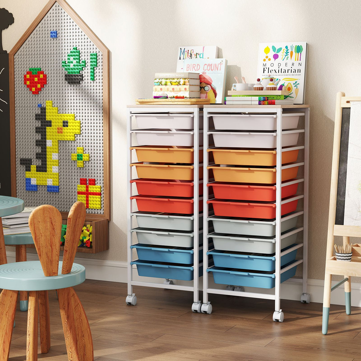 Rolling Storage Cart with 4/5/10 Drawers and Wooden Tabletop for Dorm and Classroom