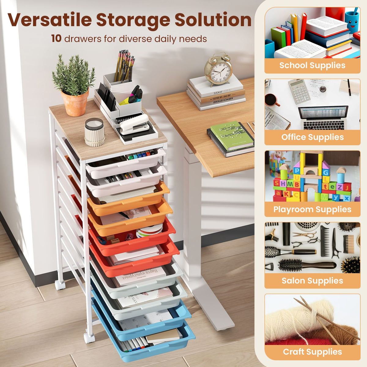 Rolling Storage Cart with 4/5/10 Drawers and Wooden Tabletop for Dorm and Classroom