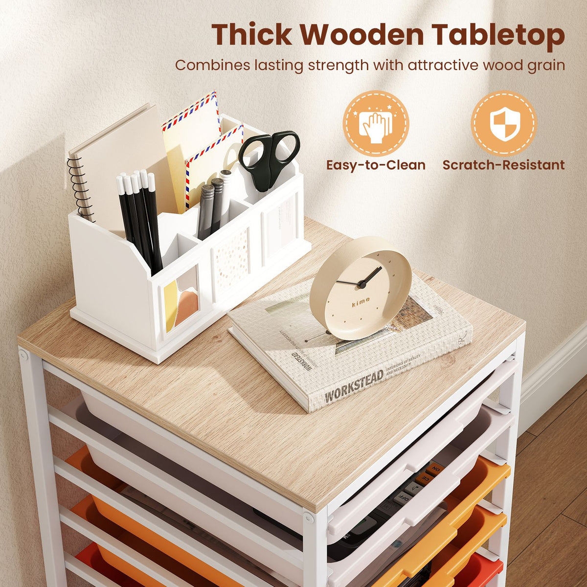 Rolling Storage Cart with 4/5/10 Drawers and Wooden Tabletop for Dorm and Classroom