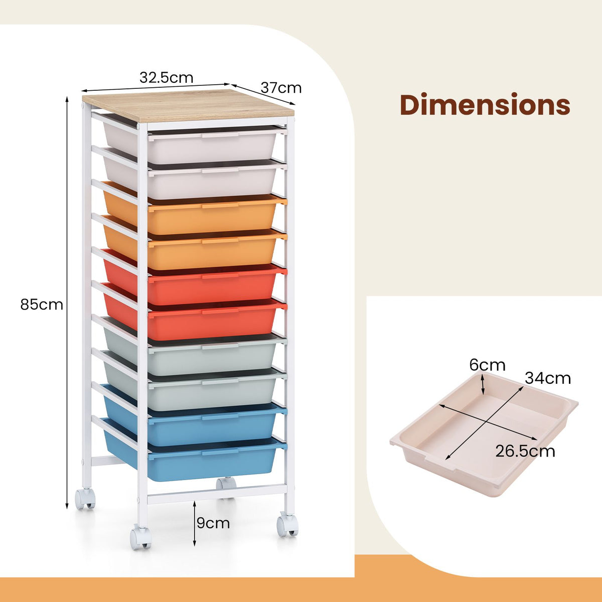 Rolling Storage Cart with 4/5/10 Drawers and Wooden Tabletop for Dorm and Classroom