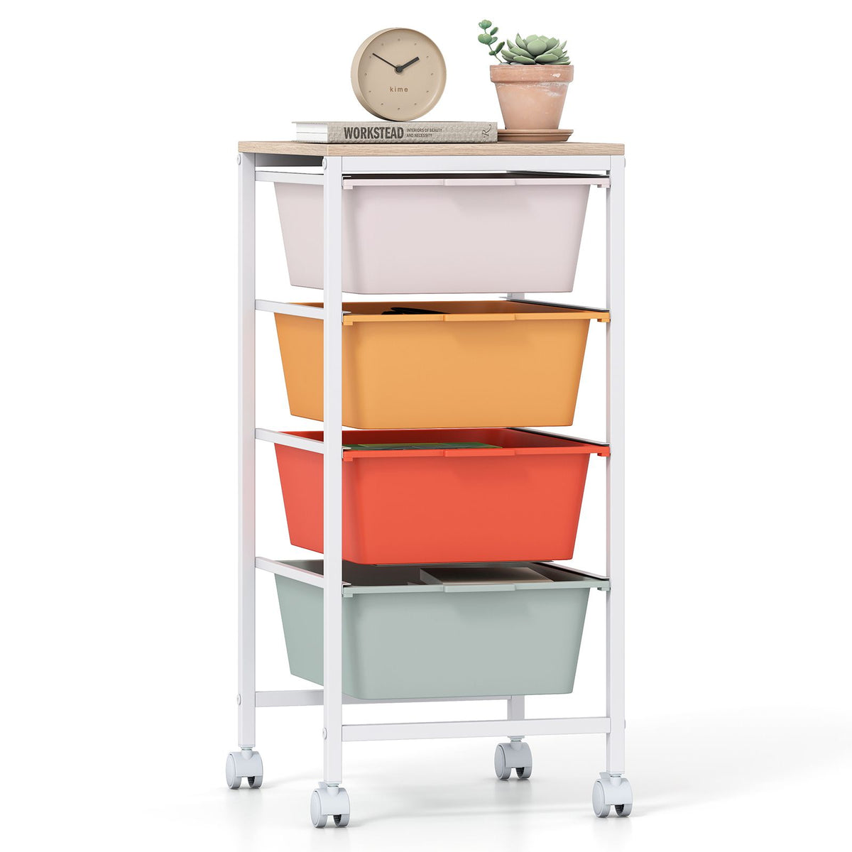 Rolling Storage Cart with 4/5/10 Drawers and Wooden Tabletop for Dorm and Classroom