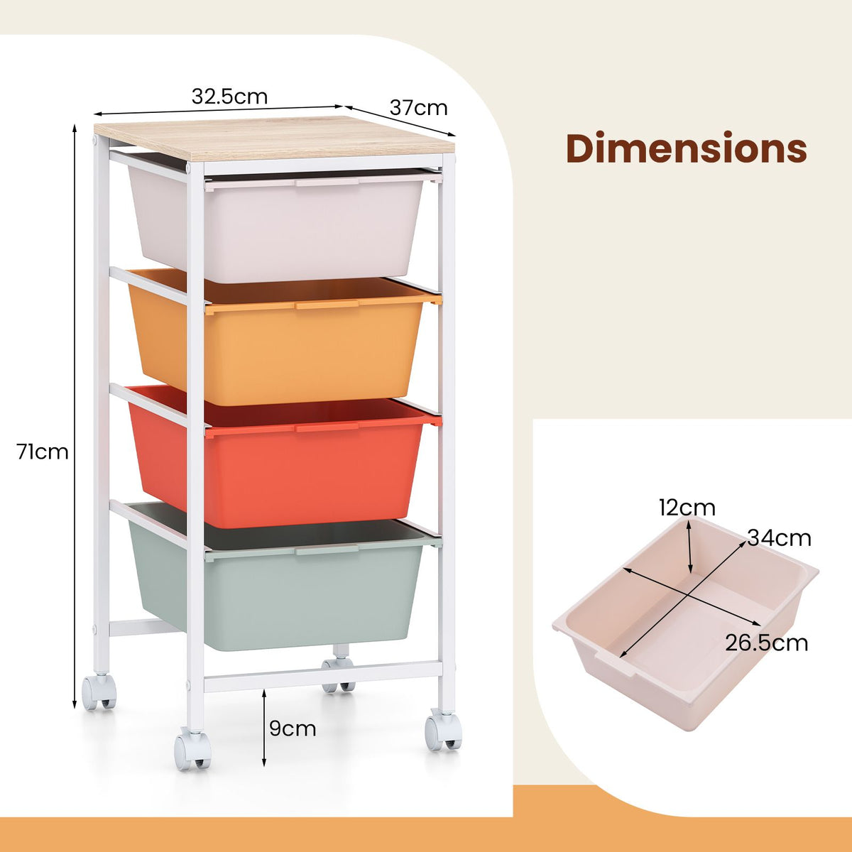 Rolling Storage Cart with 4/5/10 Drawers and Wooden Tabletop for Dorm and Classroom