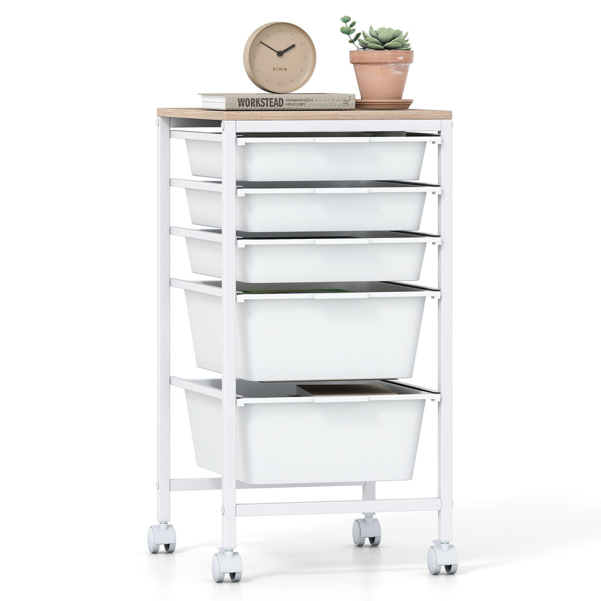 Rolling Storage Cart with 4/5/10 Drawers and Wooden Tabletop for Dorm and Classroom