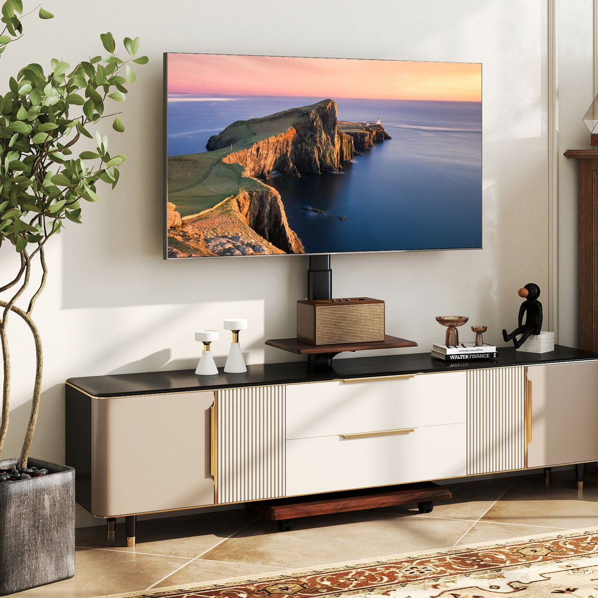 Rolling TV Stand on Wheels with 30° Tilt Mount and Adjustable Shelf