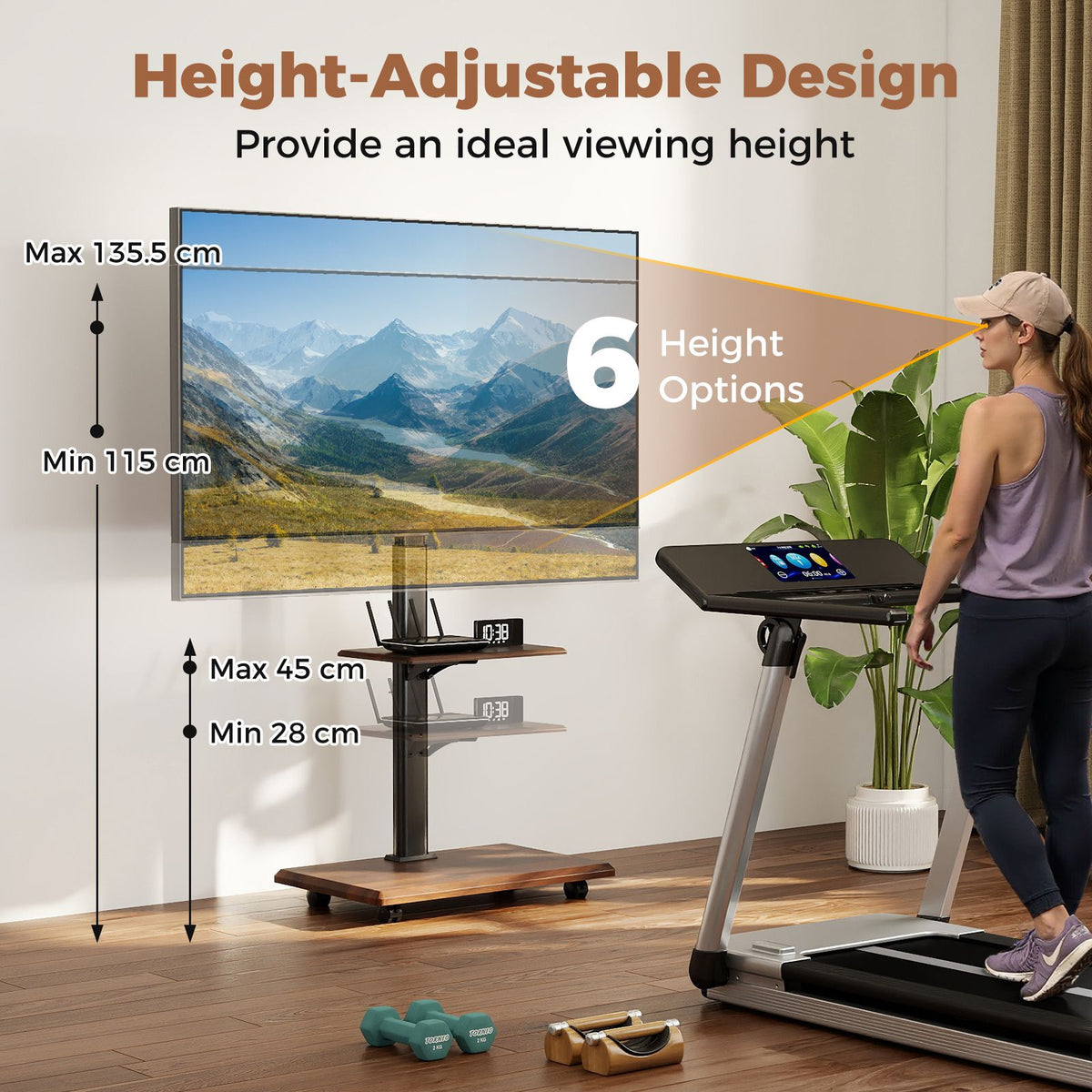 Rolling TV Stand on Wheels with 30° Tilt Mount and Adjustable Shelf