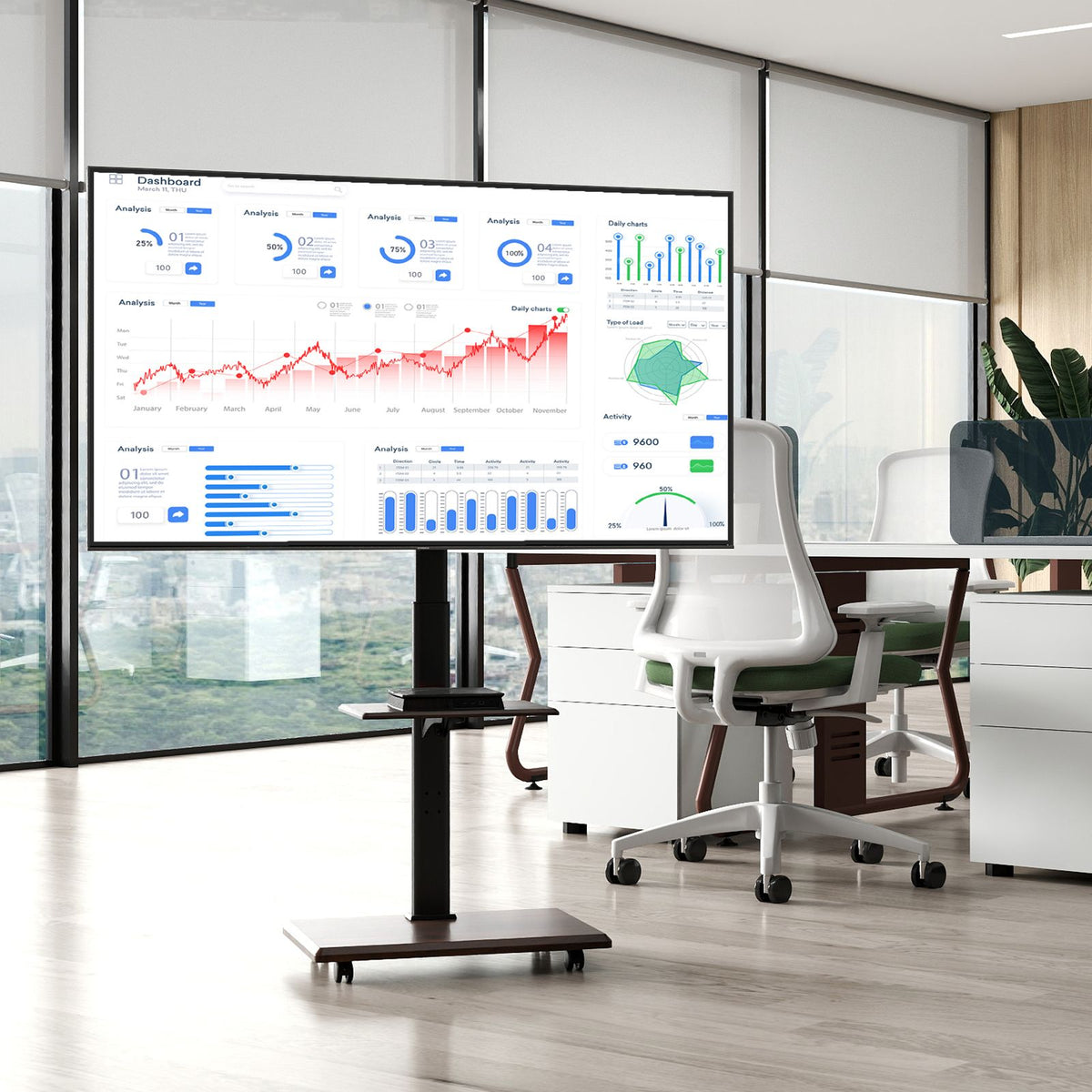 Rolling TV Stand on Wheels with 30° Tilt Mount and Adjustable Shelf