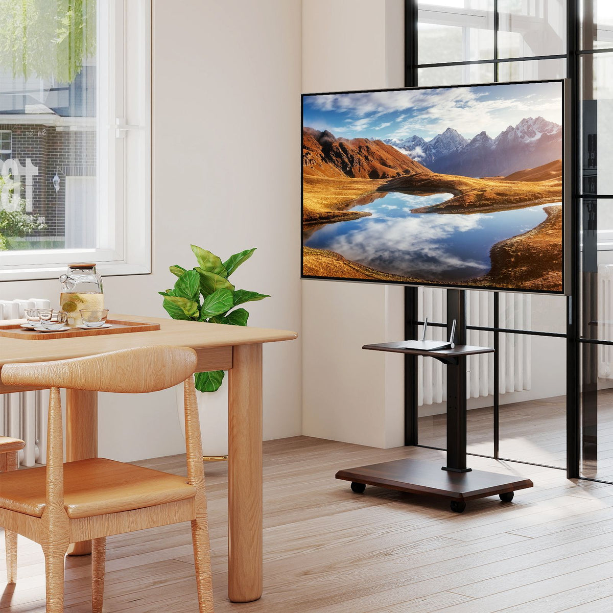 Rolling TV Stand on Wheels with 30° Tilt Mount and Adjustable Shelf