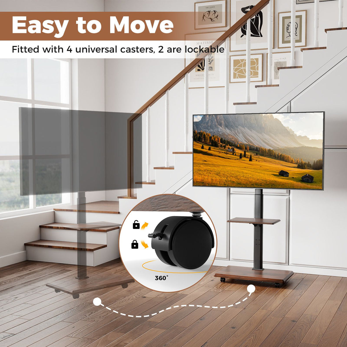 Rolling TV Stand on Wheels with 30° Tilt Mount and Adjustable Shelf