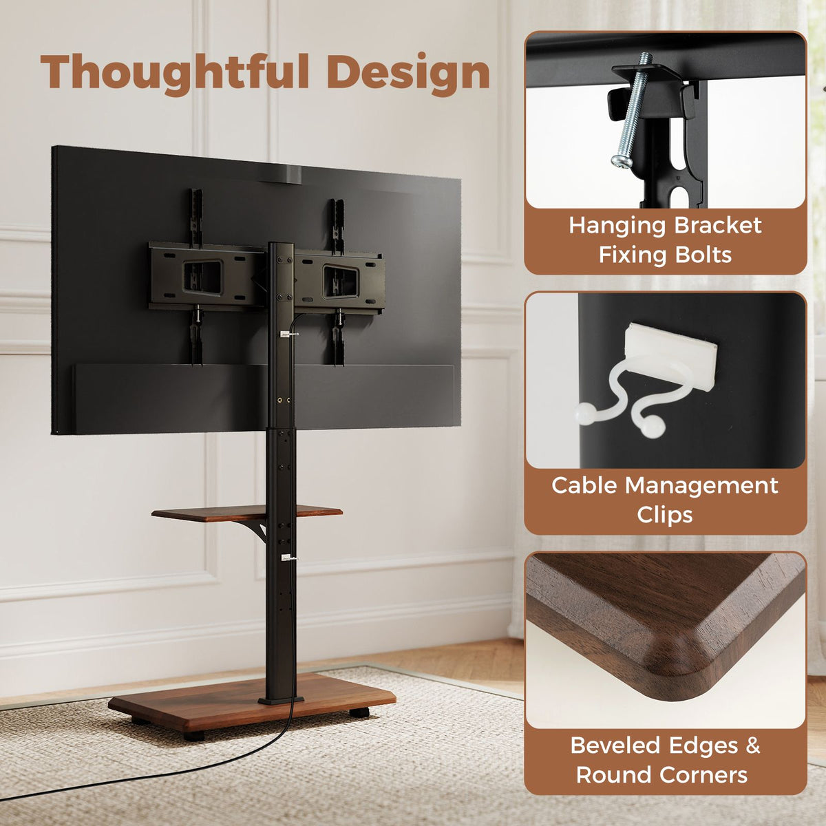 Rolling TV Stand on Wheels with 30° Tilt Mount and Adjustable Shelf