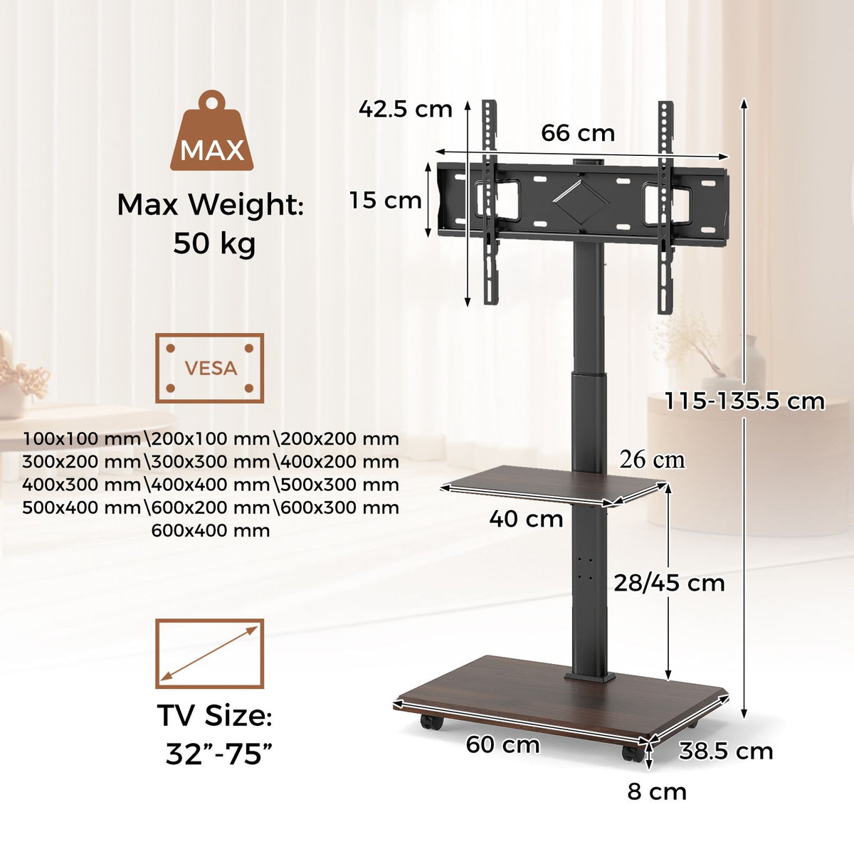 Rolling TV Stand on Wheels with 30° Tilt Mount and Adjustable Shelf