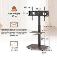 Rolling TV Stand on Wheels with 30° Tilt Mount and Adjustable Shelf