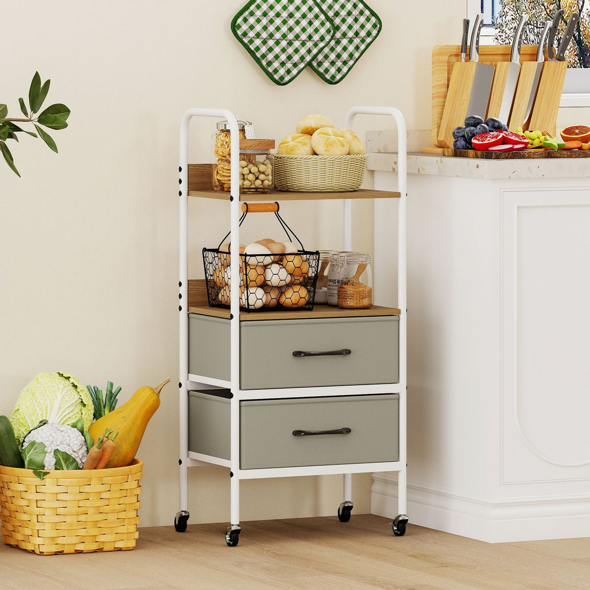 Rolling Utility Storage Cart with 2 Open Shelves and 2 Fabric Drawers