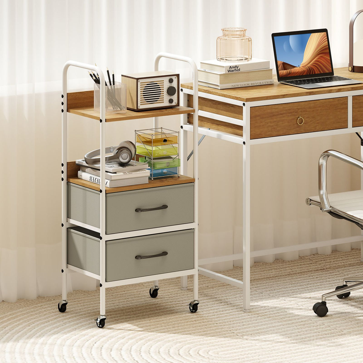 Open Utility Rolling Utility Storage Cart with 2 Open Shelves and 2 Fabric Drawers ...