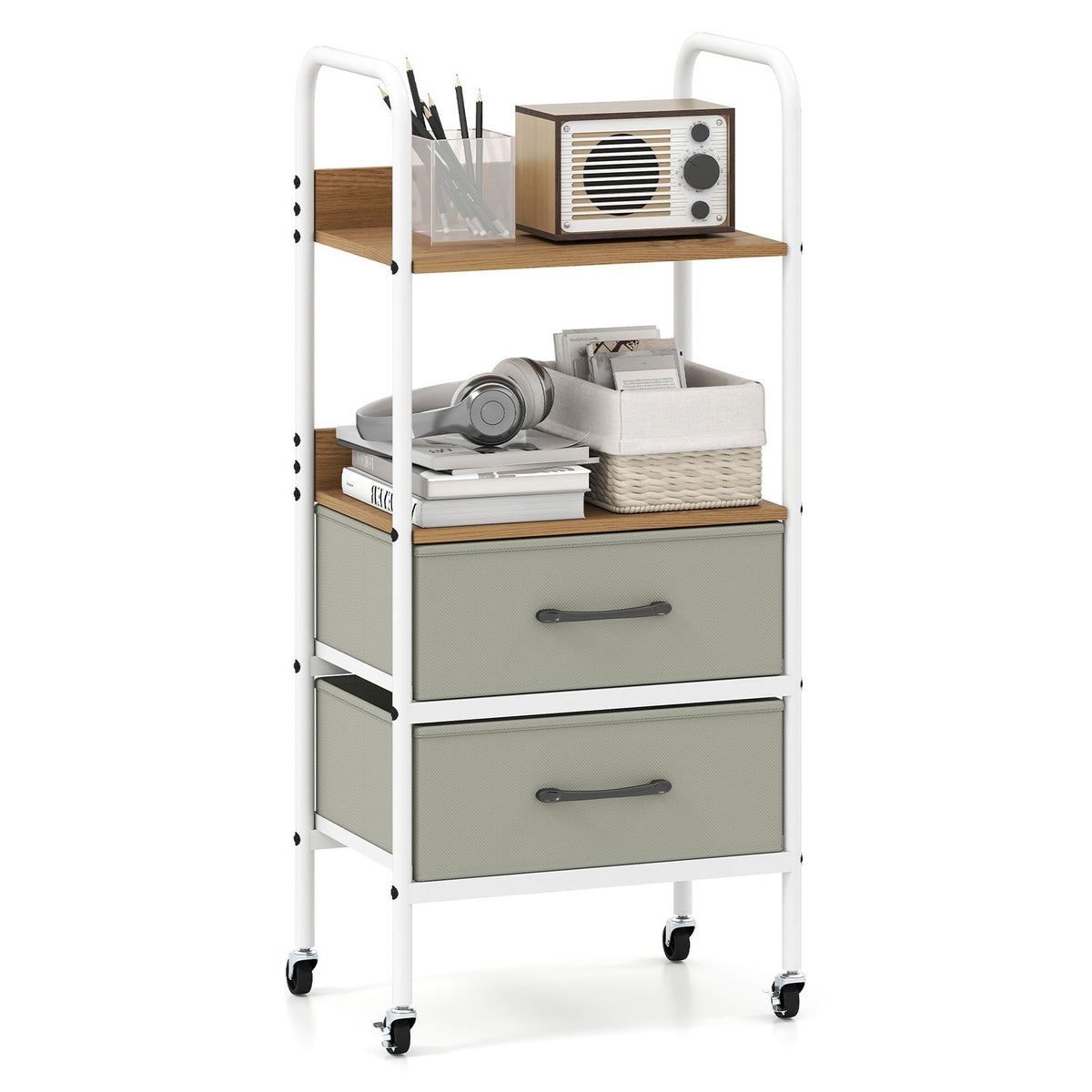Rolling Utility Storage Cart with 2 Open Shelves and 2 Fabric Drawers
