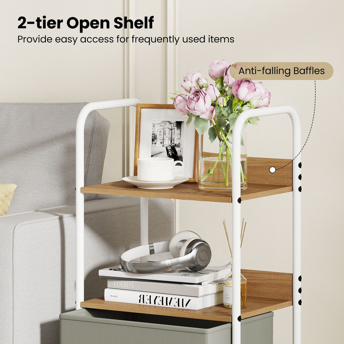 Rolling Utility Storage Cart with 2 Open Shelves and 2 Fabric Drawers