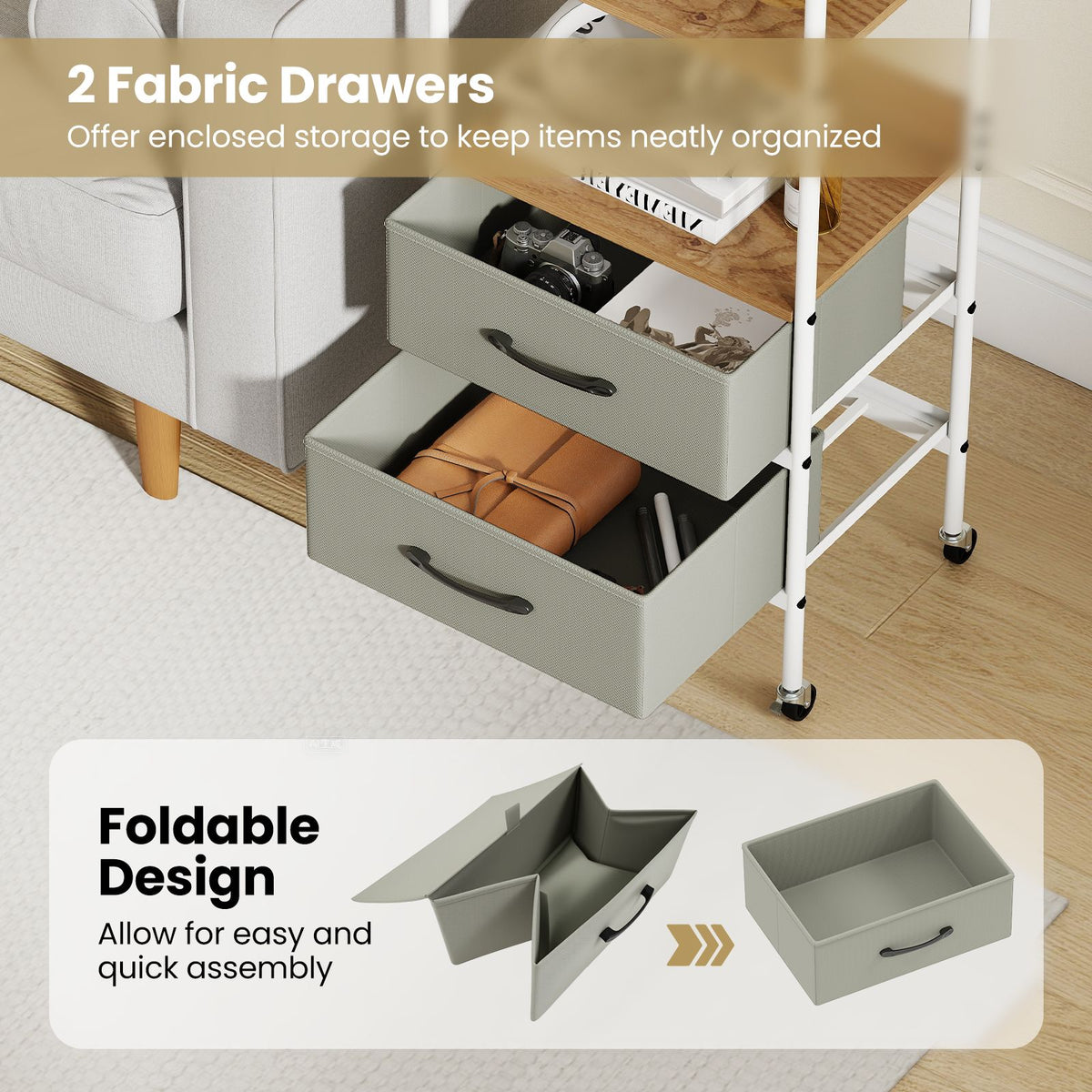 Rolling Utility Storage Cart with 2 Open Shelves and 2 Fabric Drawers