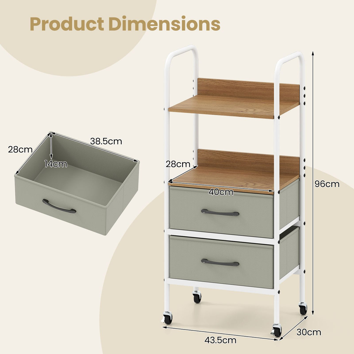 Rolling Utility Storage Cart with 2 Open Shelves and 2 Fabric Drawers